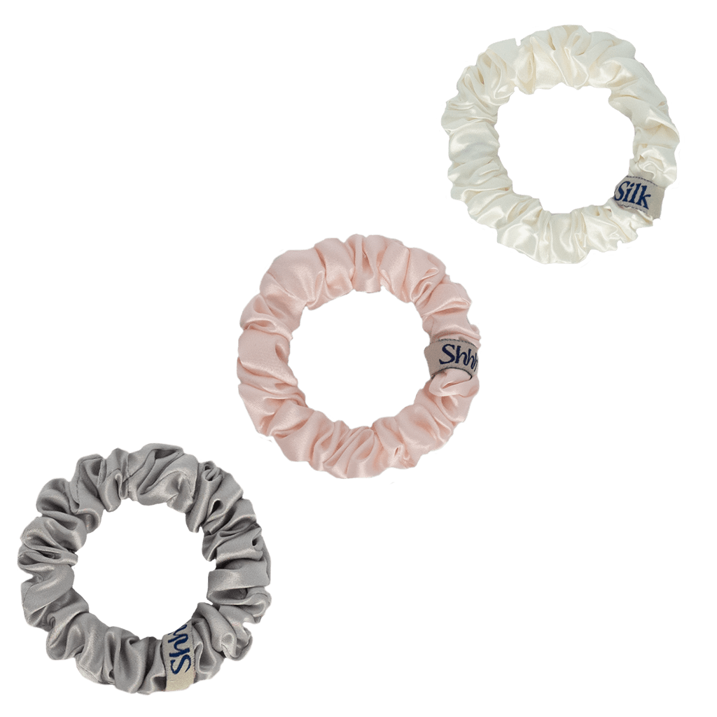 3 Pack Medium Silk Scrunchies - Grey, Pink and Off White